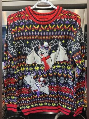 Men's Black Multicolor Crewneck Holiday Sweater with Bat Appliqués - Christmas